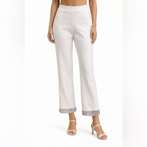 White Cropped Wide-Leg Pants with Embellished Hem size L Stretch